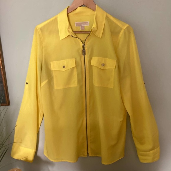 MICHAEL MICHAEL KORS Women's Yellow Full Zip Long Sleeve Collared Blouse | L - Picture 2 of 9